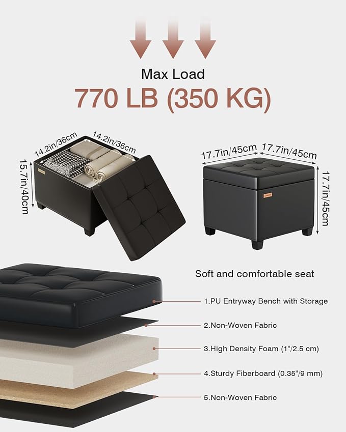 ABHENG 17.7 inches Synthetic Leather turfed Ottomans Cube with Storage, Metal-Framed Square Storage Ottoman Foot Rest Stool Holds 770 LB for Dorm Living Room Bedroom Black UASND63B