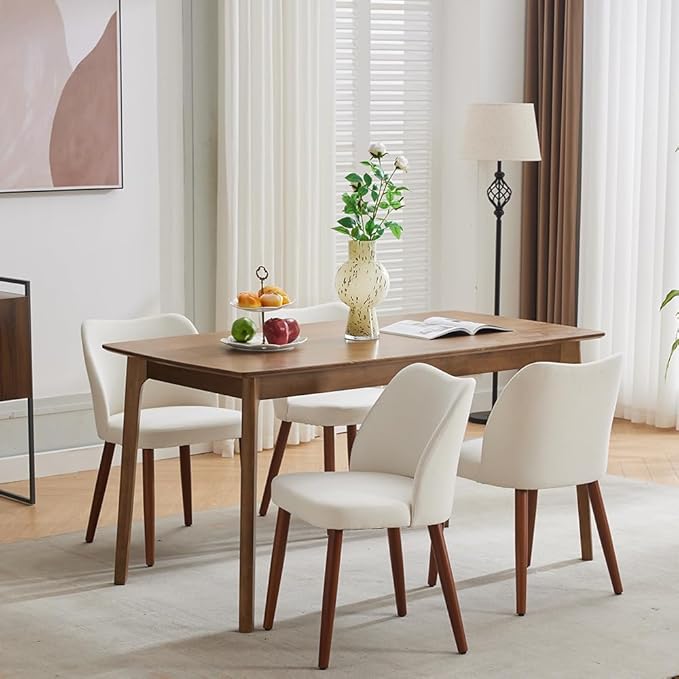 ElfinAura Dining Chair Set of 4, Linen Upholstered Dining Chair with Solid Wood Legs, Wing Backrest, Wooden Kitchen Chair, Kitchen Chairs with Thick Cushions for Dining Room, Living Room, White