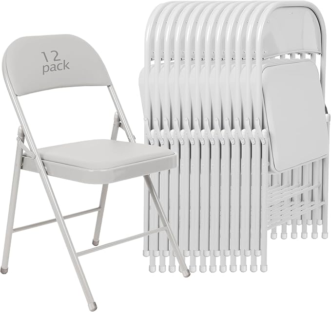 12 Pack White Padded Folding Chairs Set - Comfortable Stackable Portable Chairs for Indoor Outdoor, Events, Parties, Office, Wedding (PU Leather, Executive White,School Chair)
