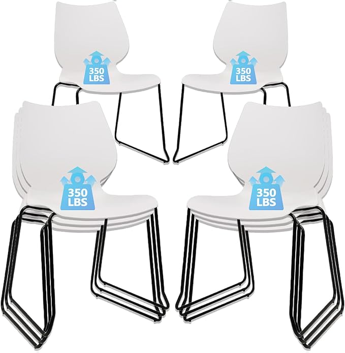 Stackable Waiting Room Chair, Stacking Office Chair with Ergonomic Lumbar Support and Metal Legs, Plastic Desk Chairs for Conference School Church Guest Reception Set of 8, White