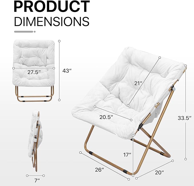 Athena Collection Saucer Chair for Adult, Square Comfy Cozy Chair Folding Chair Faux Fur Metal Frame Foldable Reading Chair Accent Chair for Bed Room Living Room Set of 2, White