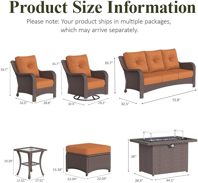 LayinSun 10 Piece Wicker Outdoor Furniture Set with 6-inch Comfy Cushions, High Back Patio Furniture Set with Swivel Rocking Chairs and Fire Pit Table