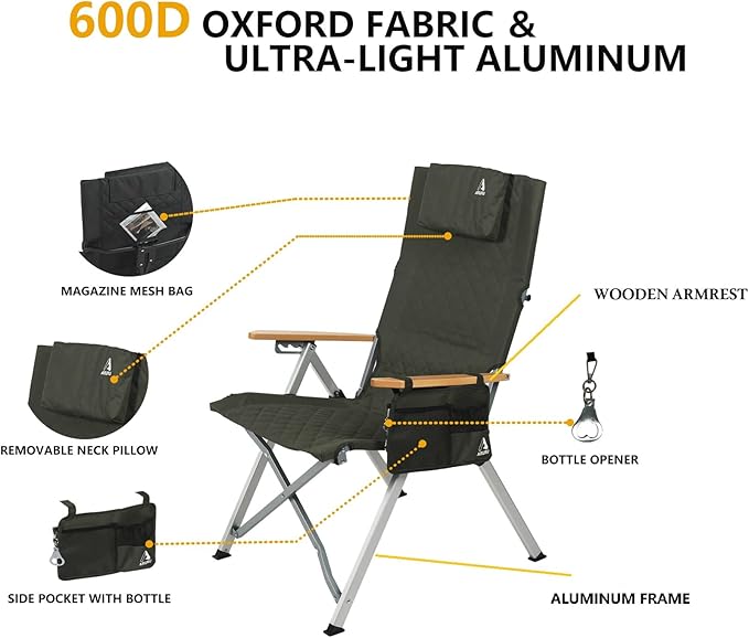 Reclining Camping Chair, Heavy Duty Folding Chairs with 4-Stage Adjustable High Back for Adults, Compact Foldable Outdoor Patio Reclining Chair with Storage Bag (Green, 2 Pack)