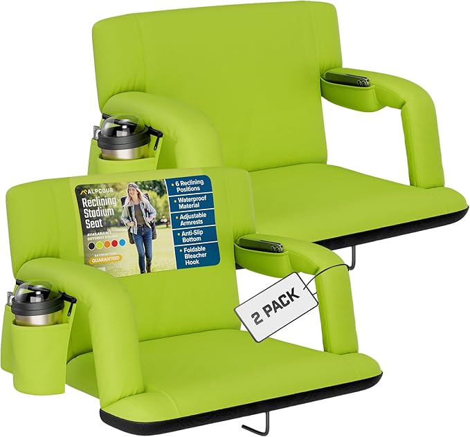 Alpcour Reclining Stadium Seat – Wide Bleacher Chair with Back Support and Cushion, Armrests, Side Pockets, and Bleachers Hook – Best Stadium Seats Chairs for Camping, Kayak, & Paddle Board Backs
