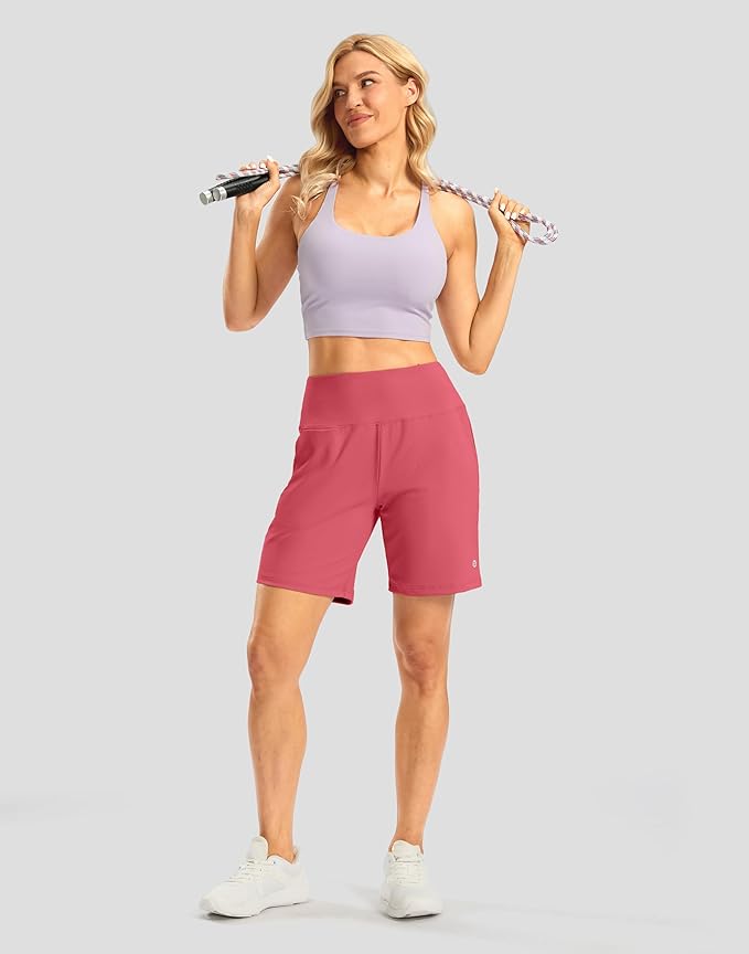 Women's Athletic Shorts with Zipper Pocket 7" High Waisted Stretchy Bermuda Shorts for Women Workout Running Casual