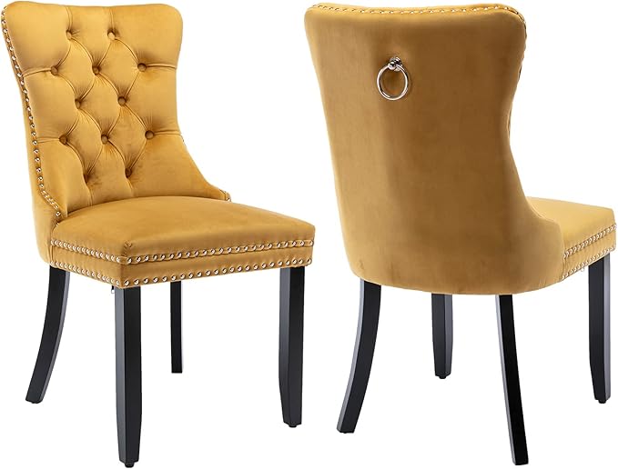YeahFurn Yellow Mid Century Modern Dining Chairs Set of 2, Velvet Upholstered Kitchen & Dining Room Chairs with Nailhead Trim & Solid Wood Legs, Elegant Sillas De Comedor (Yellow, 2 Pcs)