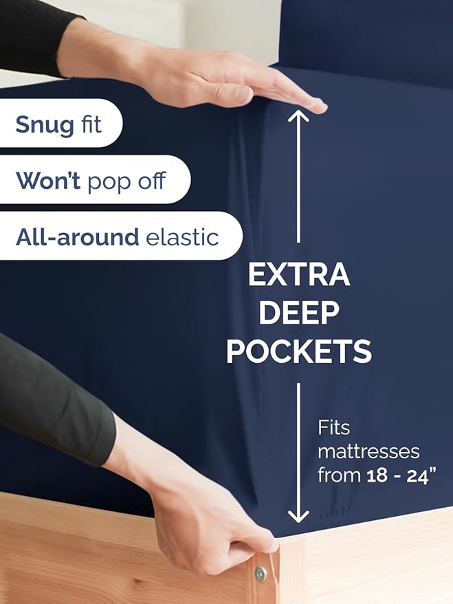 Extra Deep Pocket Queen Sheet Set - 4 Piece Breathable & Cooling Bed Sheets - Hotel Luxury Sheet Set - Soft, Wrinkle Free and Comfy - Easily Fits Extra Deep Mattresses - Deep Pocket Navy Blue Sheets