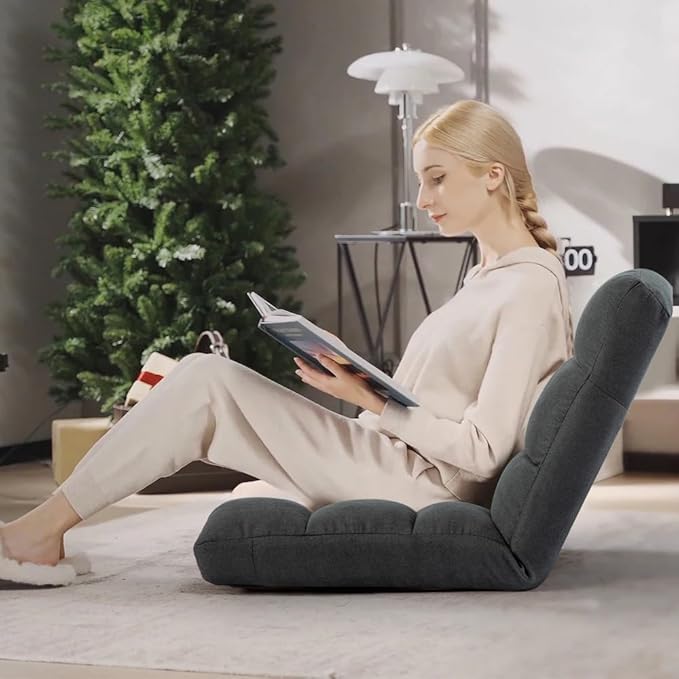 HOMYEDAMIC Floor Chair, 24 inches Wide Oversized Velvet Armless Lay Flat Floor seat Padded Meditation Chair with 6 Adjustable Position Ergonomic Comfortable Convenient(LRSF-002-GREY)