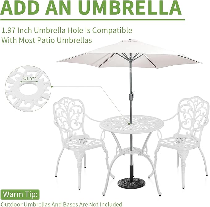 Withniture Patio Bistro Set 3 Piece Cast Aluminum Outdoor Bistro Set, Rust Resistance Bistro Table and Chairs of 2 with Umbrella Hole, Small Patio Set for Garden Outside, White