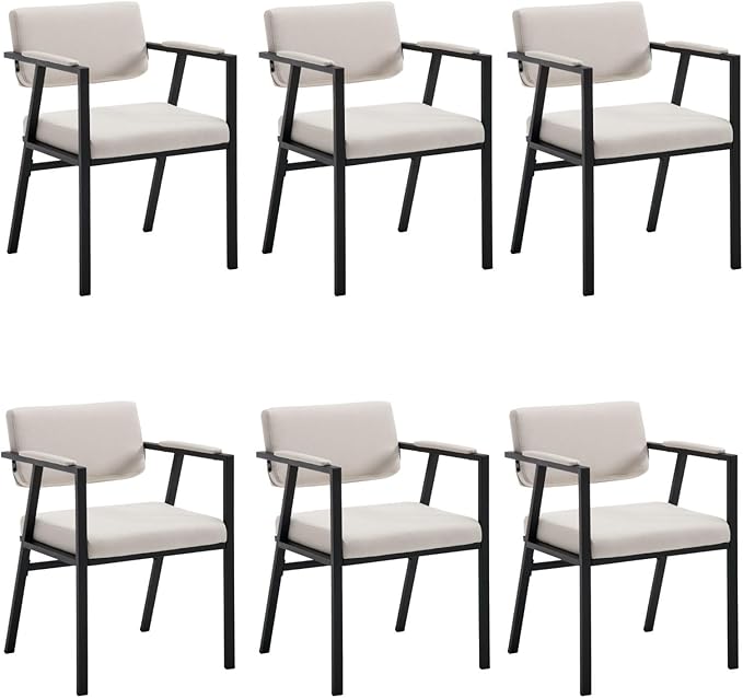 DUOMAY Modern Dining Chairs Set of 6, Linen Upholstred Side Arm Chairs Mid-Century Open Back Reception Chairs with Black Metal Legs for Kitchen Dining Room, Beige