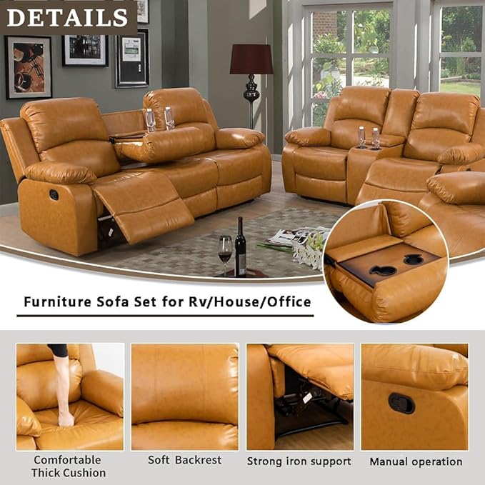 AYCP Bonded Leather Living Room Furniture Set Reclining Sofa Set Loveseat Furniture Sets in Living Room Sofa Recliners (Sofa+Loveseat, Ginger)