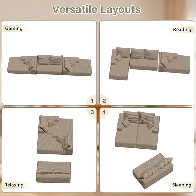 Sectional Cloud Couch for Living Room, Stupendous U Shaped Sofas, Modular Floor Deep-Seat Sofa, Big Comfy Corduroy Couches Set with Fluffy Memory Foam, No Assembly Required, Camel