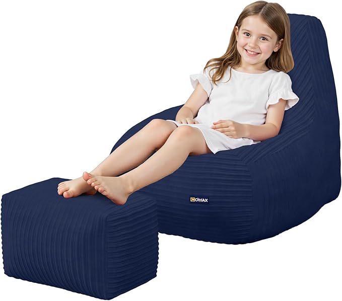 COMAX Kids Bean Bag Chair, Toddler Beanbag Chairs for Kids with Ottoman for Boys and Girls, Corduroy Couch Lounge with Filler Included, Floor Children Sofa Comfy for Reading and Classroom, Navy