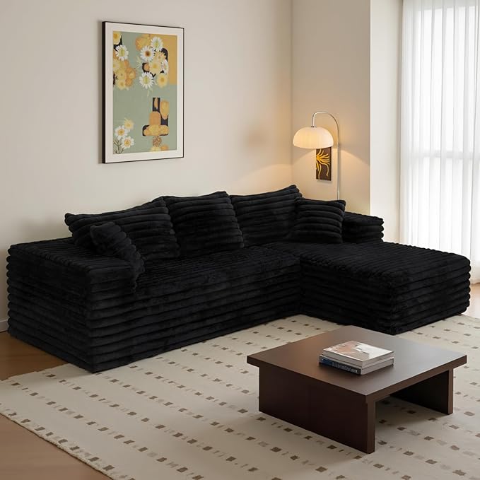 Sectional Cloud Boneless Couch for Living Room Bedroom, Modern L Shaped Modular Sofa with Right Facing Chaise, Comfy Deep Seat Memory Foam Couch in Box, No Assembly (Wide Striped Corduroy, Black)