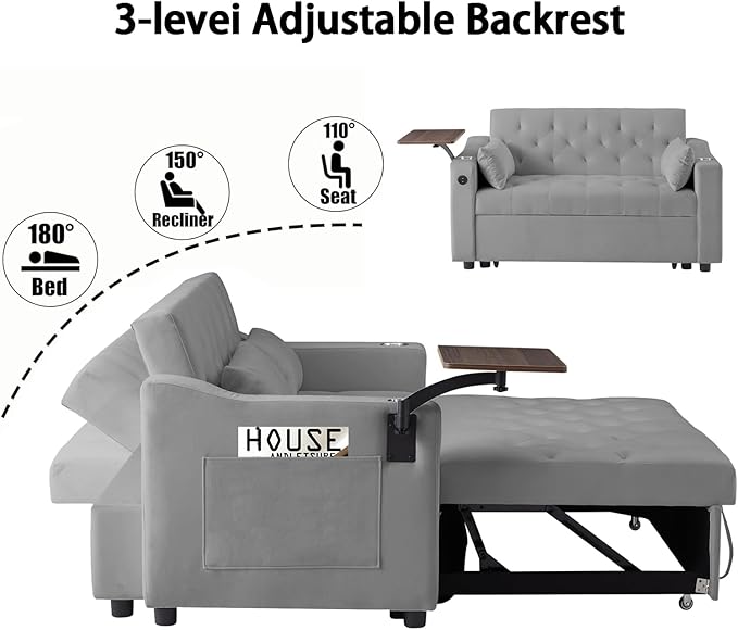 Auvsoce 53'' Convertible Sleeper Sofa Bed with Adjustable Backrest, Chaise Lounge, Side Table & Two Pillows – Stylish & Functional Addition to Any Living Room (Modern Grey)