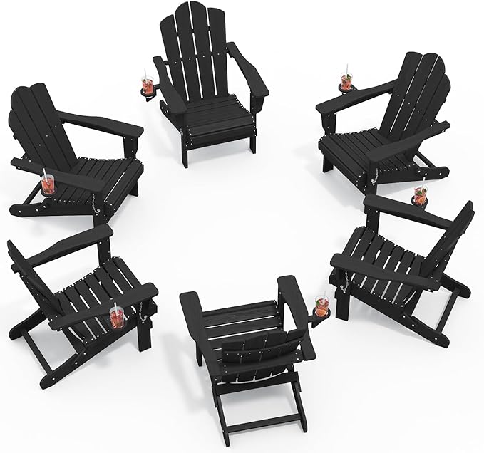 KINGYES Folding Adirondack Chair Set of 6, HDPE All-Weather Patio Chairs with Cup Holder, Wooden Textured Fire Pit Chairs for Poolside, Backyard, Deck, Black