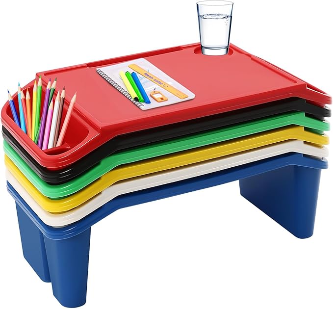 Mind Reader Kids Lap Desk, 12 PCS Kids Lap Desk Bulk Tray Lap, Portable Activity Tray with Side Storage, Stackable Plastic Desk Table for Students Drawing, Snacks, Study (Colorful, Small)