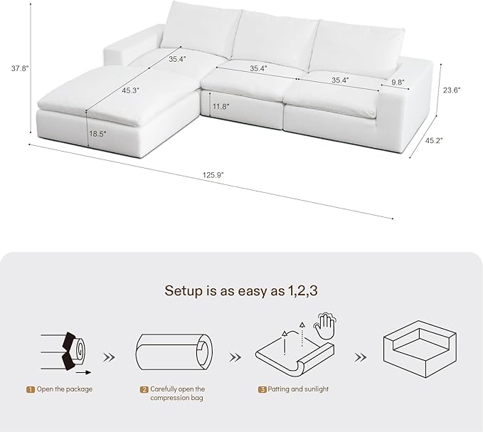 Vorthio Cloud Couch Sectional Oversized Modular Sofa with 35'' Deep Seat Boneless Couch L-Shape Comfy Sofa Stain-Resistant White Sectional Couches for Living Room Apartment 3 Seater + 1 Ottoman