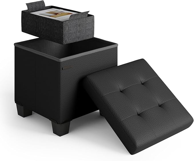 Storage Ottoman Cube with Small Bin, 16-in Square Ottoman with Storage for Living Room and Bedroom, Small Ottomans Foot Rest, Faux Leather Foot Stools Ottomans Max 330lbs, Black