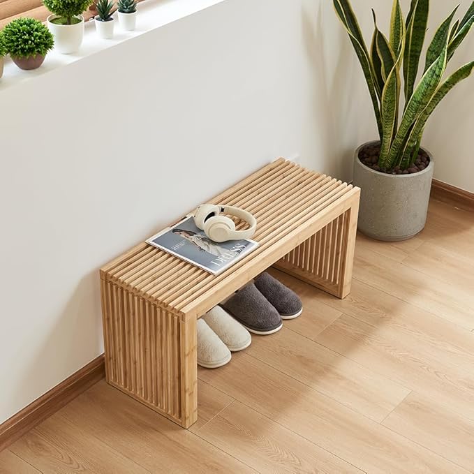 Berkvee Versatile Wooden Slatted Bench - Sleek Modern Design for Dining, Entryway, Bedroom - Indoor Use with Storage Capability for Home, Kitchen, Bathroom & Beyond (Natural)