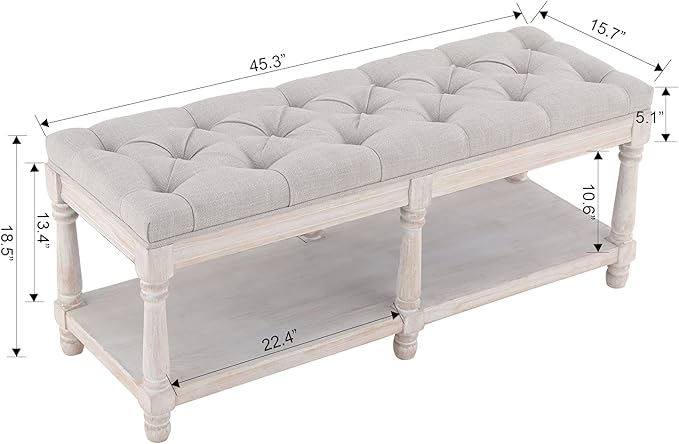 Farmhouse Storage Bench Wooden Entryway Upholstered Tufted Ottoman Bench for Bedroom End of Bed Hallway Organizer, Beige