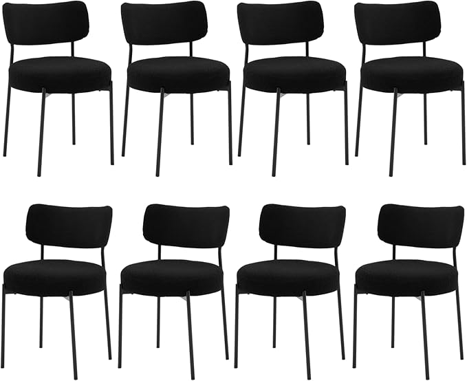 Stabrech Black Boucle Dining Chairs Set of 8, Upholstered Dinner Chair with Metal Frame, Dining Room Chairs with Padded Seat, Round Modern Seating for Living Room