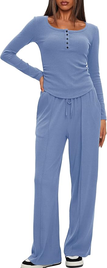 Darong Womens 2 Piece Matching Lounge Sets 2026 Long Sleeve Henley Shirts Wide Leg Pants Airport Travel Outfits
