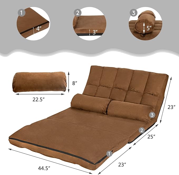 DORTALA Foldable Floor Sofa, 6-Position Adjustable Lounge Couch with 2 Pillows & Suede Cloth Cover, Modern Lounge Mattress Video Gaming Lazy Couch, Suede Floor Seating Sofa, 71" x 44.5", Beige