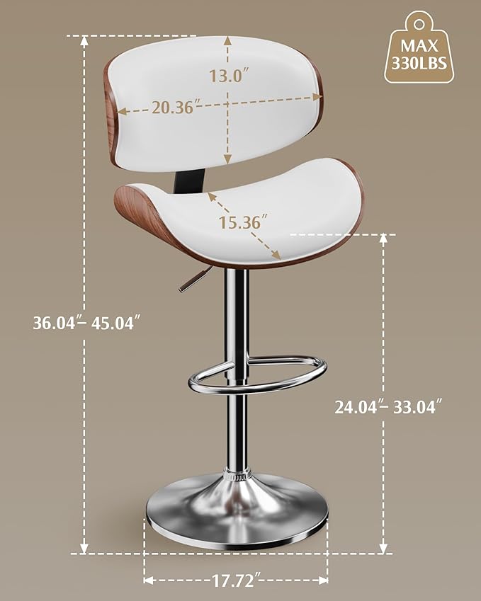 Aowos Bar Stools, Adjustable Swivel Leather Bar Stools for Kitchen Island, Mid Century Modern Counter Height Bar Chairs Barstools with Back & Footrest (White 1PCS)
