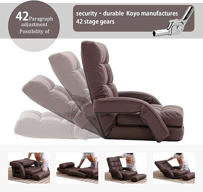 FLOGUOR 14-Position Adjustable Floor Chair, Chaise Lounge Indoor, Folding Lazy Sofa with Armrests and a Pillow Padded Adults Gaming Chairs for Living Room, Bedroom Factory Price,8803 (Coffee(PU))