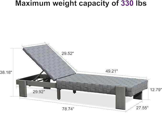 PURPLE LEAF Patio Lounge Chair Modern Luxury Outdoor Chaise Lounge 1 Piece with Adjustable Backrest Aluminum PU Leather Style Chaise Lounge Chairs for Pool Garden Backyard Beach, Grey