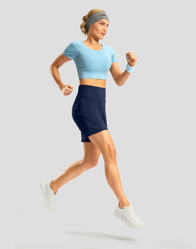 Women's Athletic Shorts with Zipper Pocket 7" High Waisted Stretchy Bermuda Shorts for Women Workout Running Casual