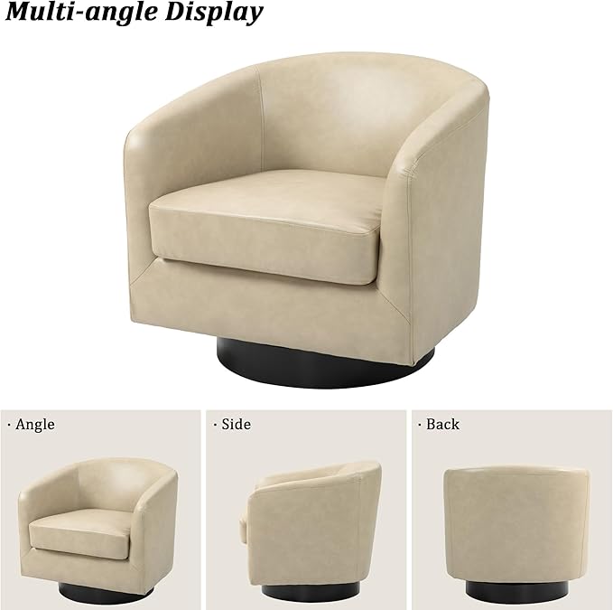 Swivel Barrel Chair, Modern Round PU Leather Accent Armchair for Living Room, Bedroom, Oversized Comfy Club Reading Chairs for Adults