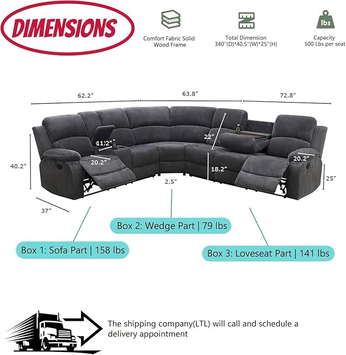 Manual Reclining Sofa Set with Drop-Down Table, Corduroy Sofa Sets, Living Room Furniture Sets, Modern Manual Recliner Sofa Sets with Storage Console for Living Room (Dark Grey, Sectional)