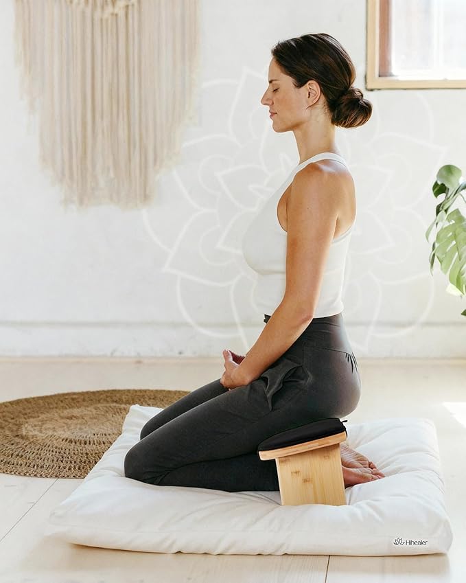 Hihealer Folding Bamboo Meditation Bench with Cushion & Carry Bag – Ergonomic Yoga and Prayer Stool for Comfort and Posture Support (Black)