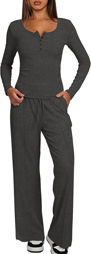 Darong Womens 2 Piece Matching Lounge Sets 2026 Long Sleeve Henley Shirts Wide Leg Pants Airport Travel Outfits