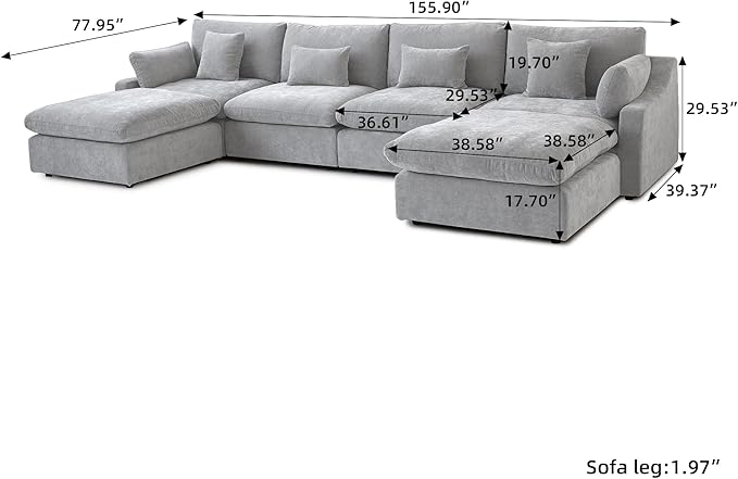 Cloud Couch Modular Sectional Sofa,156" U Shaped Large Down Filled Convertible Sofa with Ottomans for Living Room Set, Covers Washable&Replaceable(Gray)