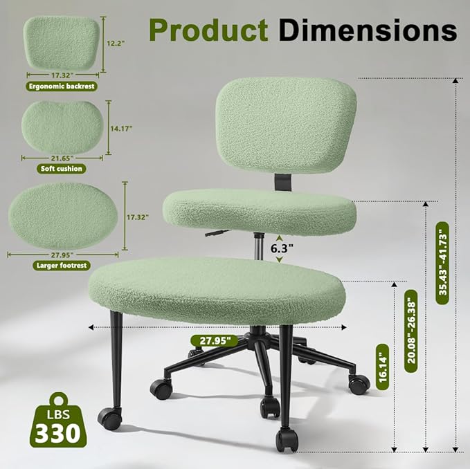 Waleaf Ergonomic Cross Legged Office Chair, ADHD Chair for Adults, Height Adjustable Meditation Chair with Wheels, Teddy Fabric Yoga Kneeling Chairs with Comfortable Back Support (Green)