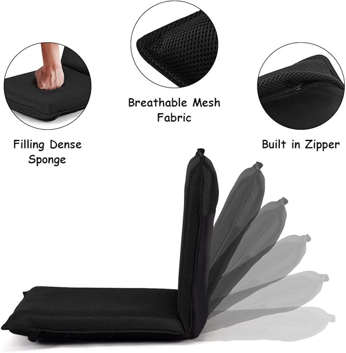 BestComfort Folding Floor Chair 6-Position Adjustable Meditation Chair Video Gaming Chair with Back Support for Reading TV Watching, Portable Floor Seat Lounge Sofa Chair for Kids Teens Adult, Black