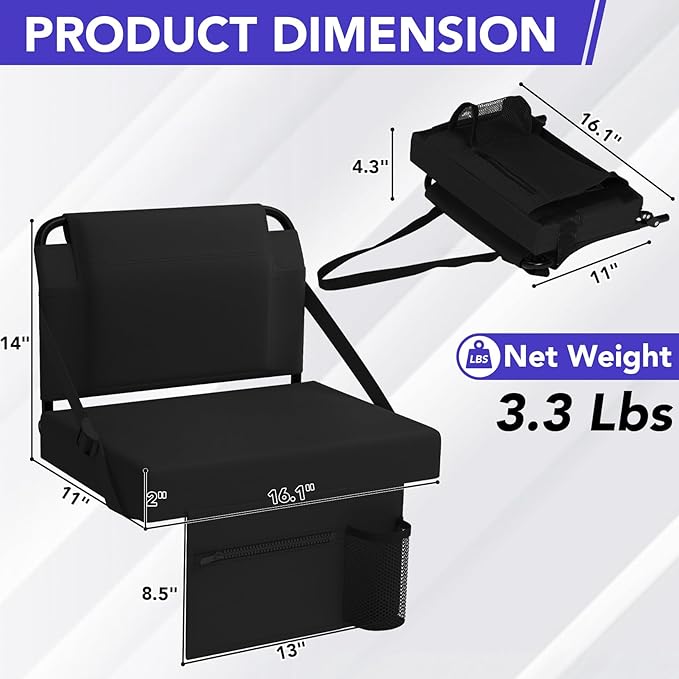 Stadium Seat for Bleachers with Back Support,Portable Bleacher Chairs with Back and Cushion，Black