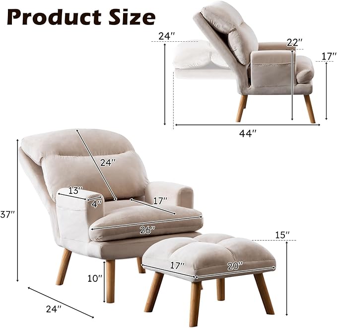 IOMOR Accent Chair with Ottoman Comfy Reading Chair Armchair with Adjustable Backrest and Side Pockets Soft Fabric Leisure Sofa for Bedroom, Living Room, Dorm Rooms, Garden, Beige