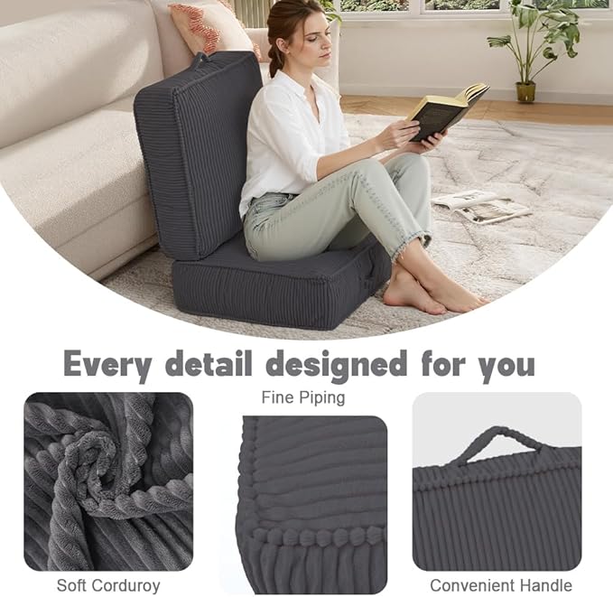PRIMEPATIO Floor Pillow for Adults Set of 2, 8" Square Floor Cushions with Washable Cover, Large Corduroy Meditation Pillow, 24 inches Tatami Seat with Handle for Living Room or Yoga, Dark Grey