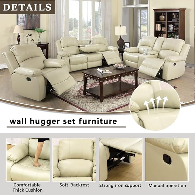 AYCP Bonded Leather Living Room Furniture Set Reclining Sofa Set Loveseat Furniture Sets in Living Room Sofa Recliners (3 Pieces, Beige)