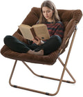 Athena Collection Saucer Chair for Adult, Square Comfy Cozy Chair Folding Chair Faux Fur Metal Frame Foldable Reading Chair Accent Chair for Bed Room Living Room, Brown