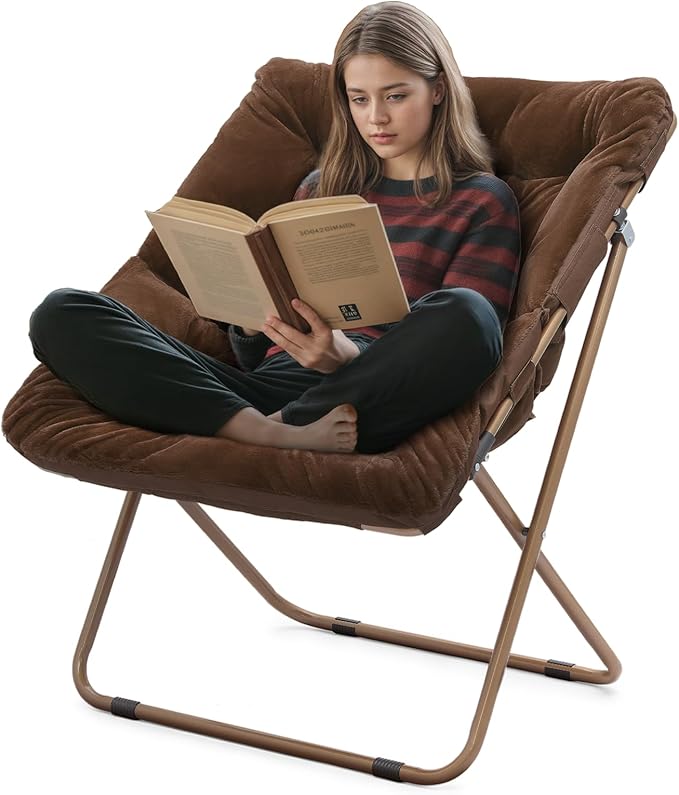Athena Collection Saucer Chair for Adult, Square Comfy Cozy Chair Folding Chair Faux Fur Metal Frame Foldable Reading Chair Accent Chair for Bed Room Living Room, Brown