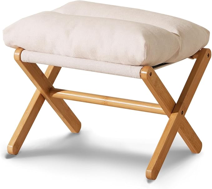 Ottoman Foot Rest- Bamboo Foldable Stool, Foot Stools Small Ottman with Upholstered & X Legs, Folding Stool for Makeup, Bedroom and Living Room (Small Beige)