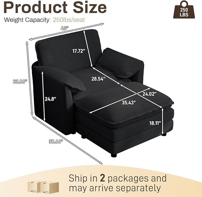 DAMAIFROM Oversized Chaise Lounge Chair Indoor with Ottoman, Firm Solid Wood Frame with Long Service Life Chenille Oversized Lounge Reading Chair for Study Room - Black