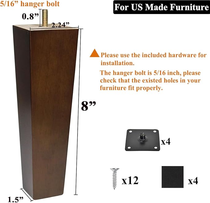 AORYVIC Wood Furniture Legs 8 inch Sofa Legs Set of 4 Square Replacement Legs Brown for MCM Ottoman Armchair Recliner Coffee Table Dresser