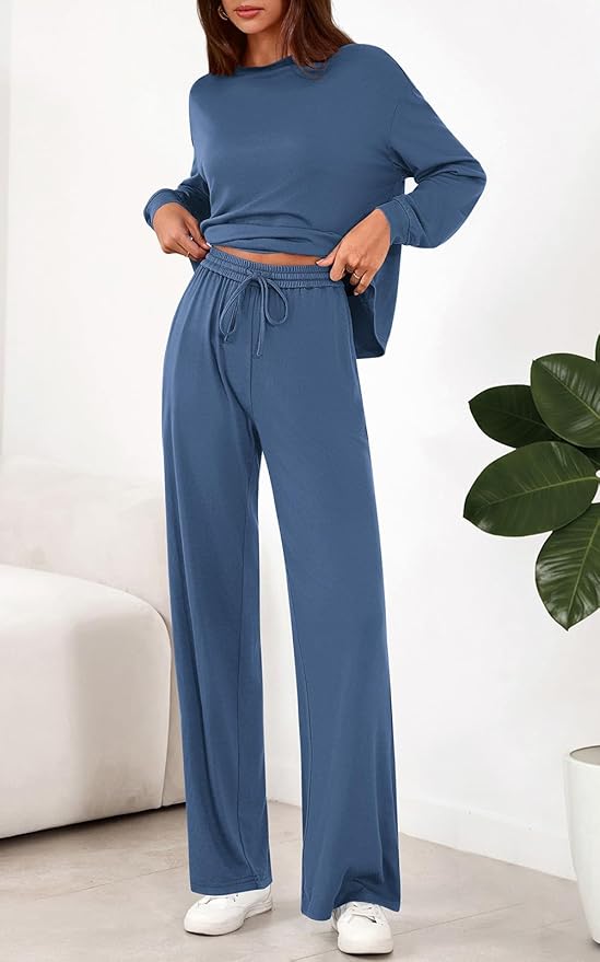 PRETTYGARDEN Womens 2 Pieces Lounge Sets Crewneck Long Sleeve Wide Leg Drawstring Pants Tracksuits Loose Fit Outfits Set