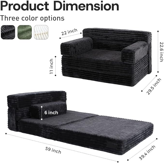 Folding Sofa Bed,Convertible Sofa Bed with Armrest Foldable Sleeper Chair, Portable Folding 4-in-1 Floor Sofa with Convertible Lounge Chair for Living Room,Bedroom,Washable Cover,Black Single